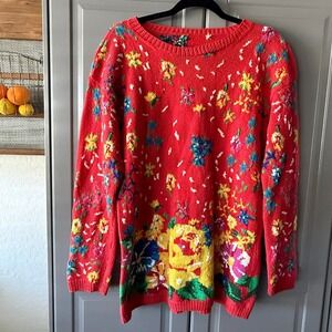 Vintage 90s Cottagecore Floral Multicolor Knit Crew Neck LS Sweater, Red,L